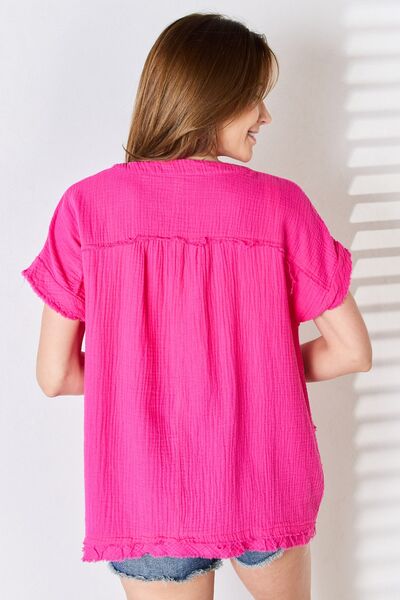 Zenana Full Size Raw Hem Short Sleeve Top - Ladyez