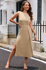 Round Neck Tie Belt Slit Sleeveless Sweater Dress - Ladyez