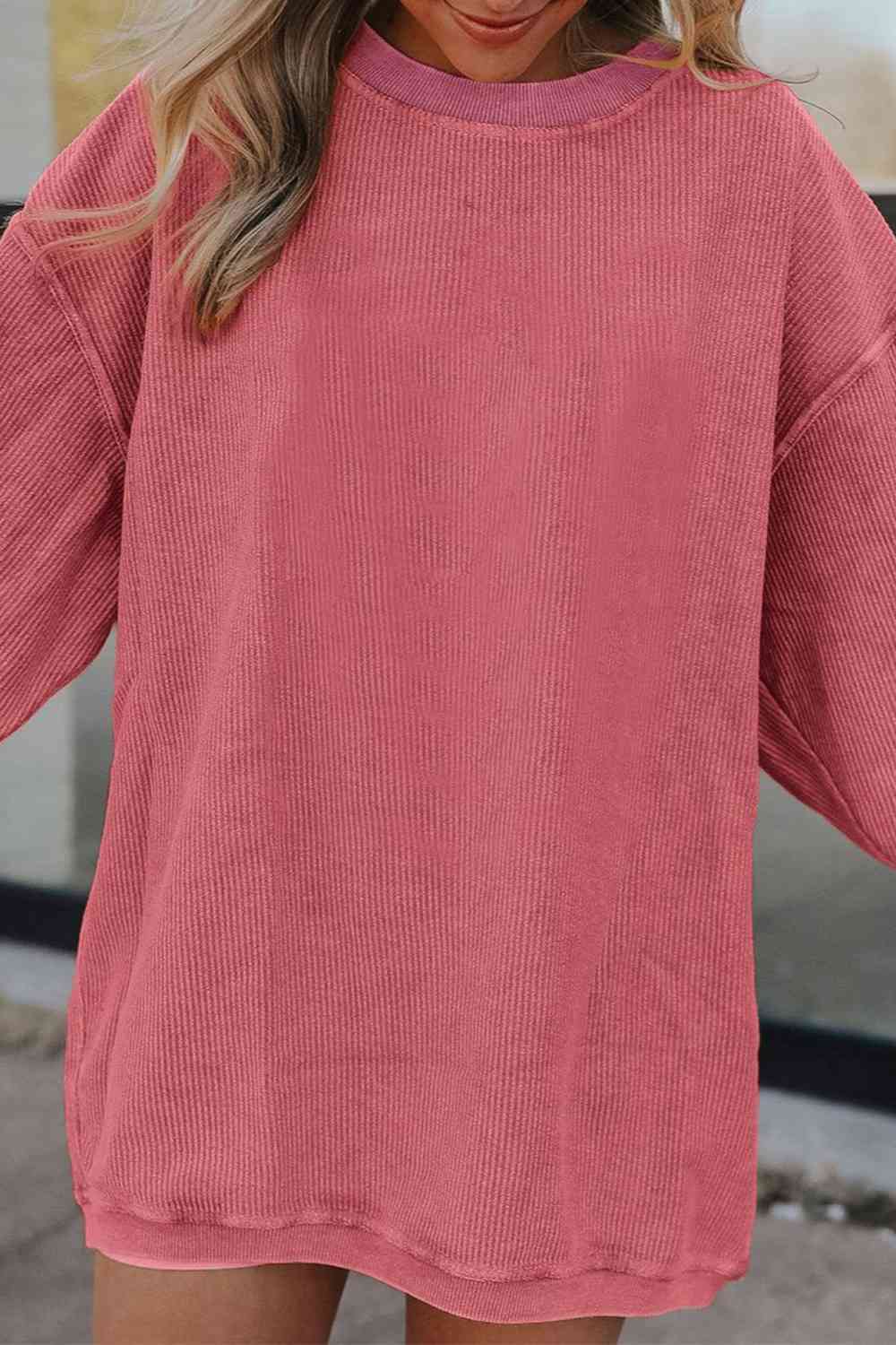 Ribbed Round Neck Drop Shoulder Sweatshirt - Ladyez