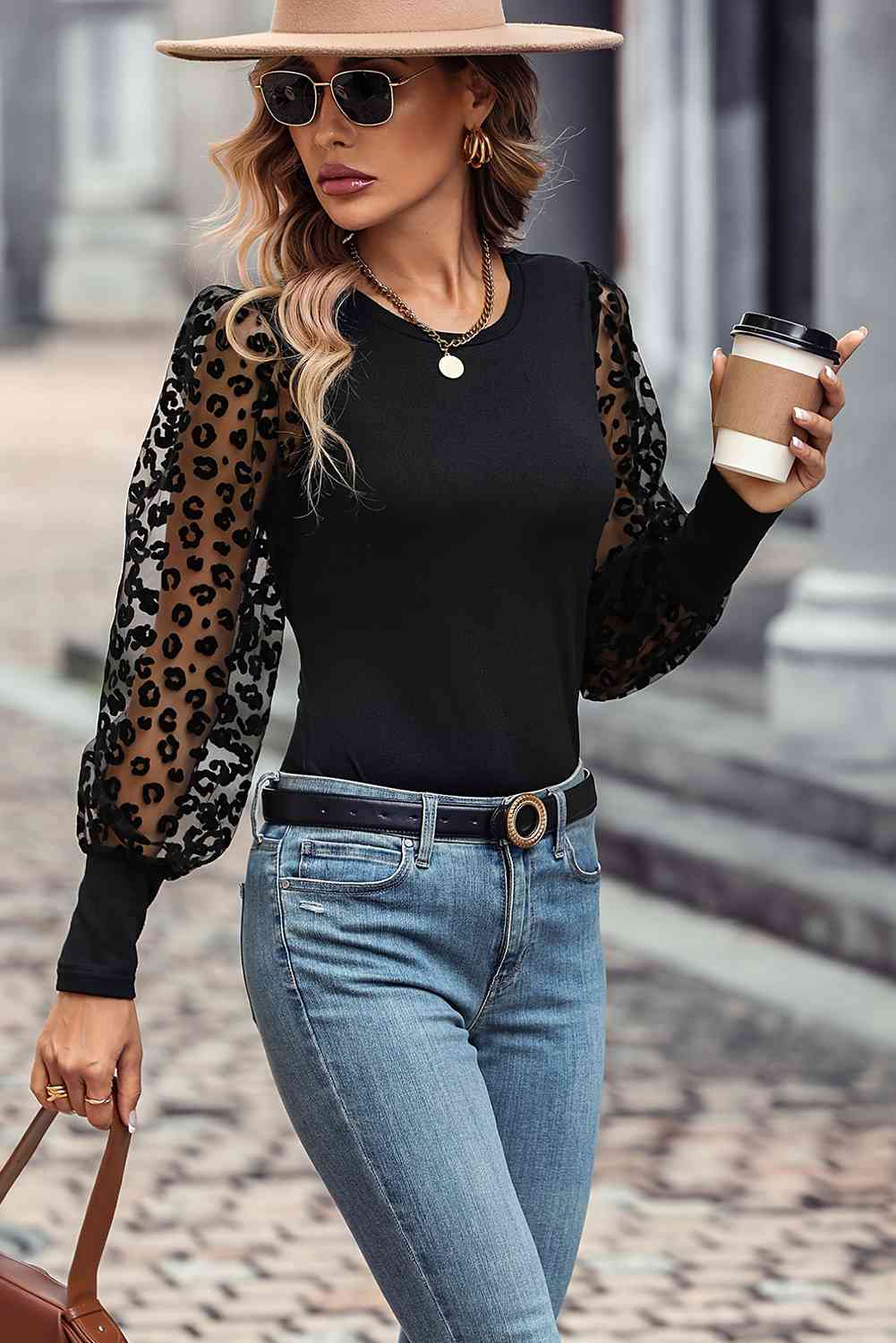 Round Neck Lantern Sleeve Blouse - Ladyez