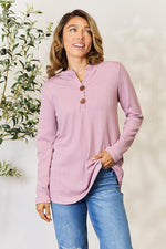 Celeste Full Size Texture Half Button Long Sleeve Blouse - Ladyez