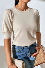 Round Neck Puff Sleeve Knit Top - Ladyez