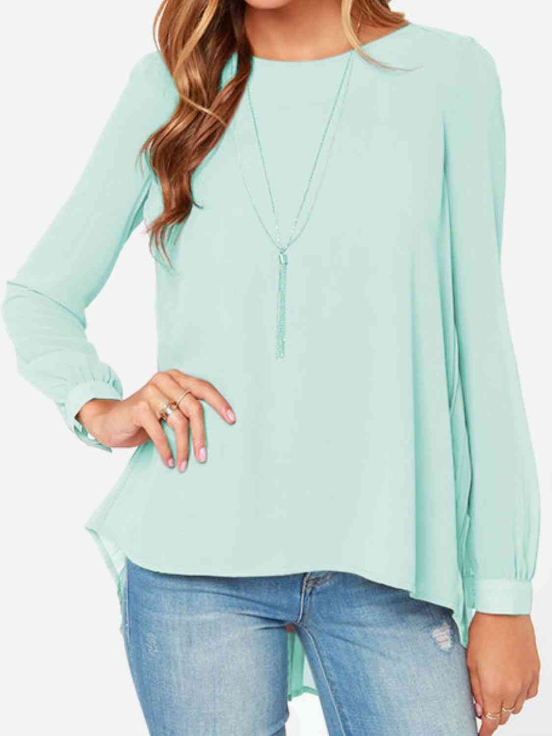 Full Size Round Neck Back Pleated Blouse - Ladyez