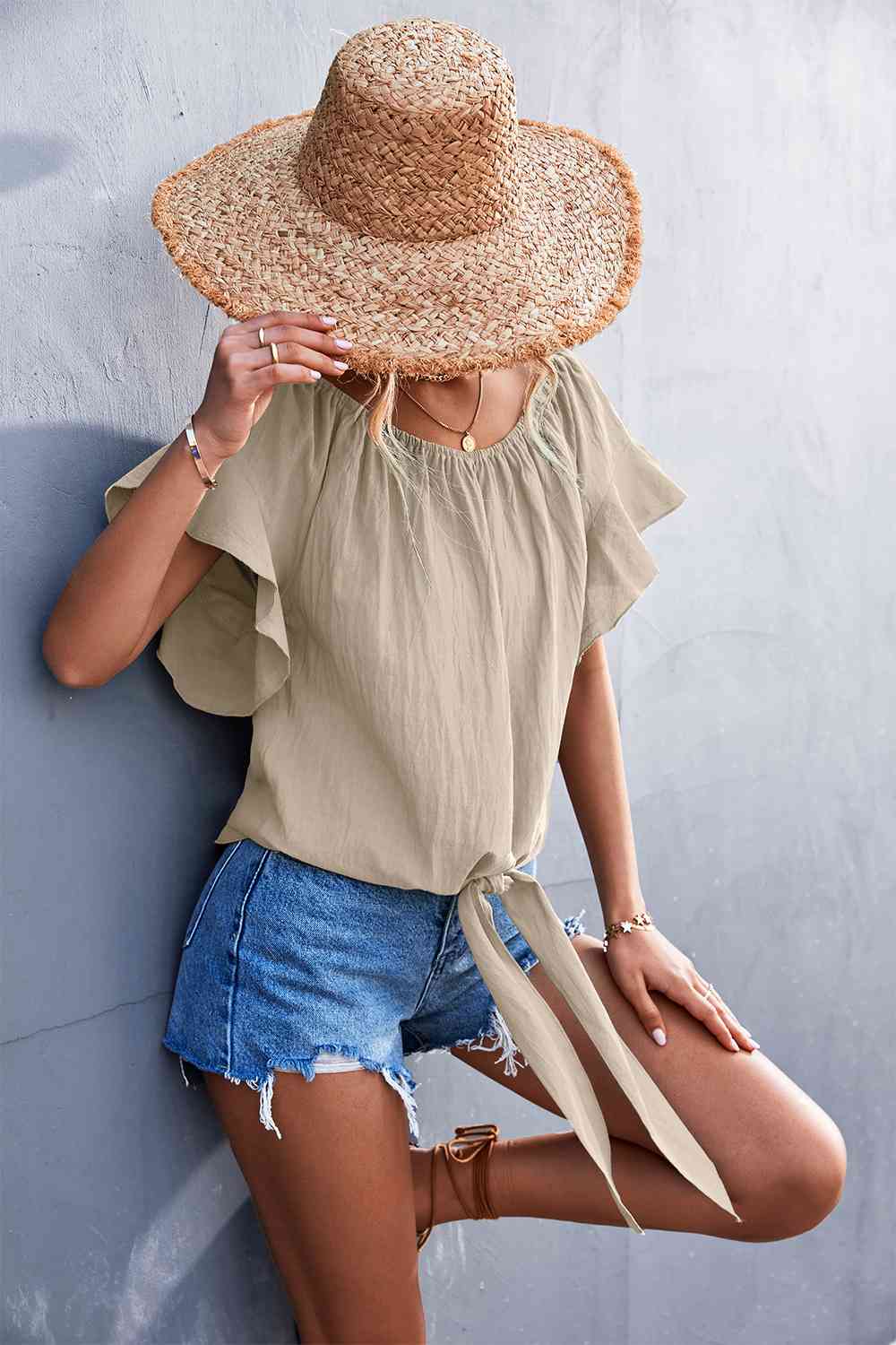 Flutter Sleeve Tie-Front Blouse - Ladyez