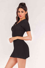 Buttoned Short Sleeve V-Neck Knit Dress - Ladyez