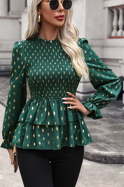 Smocked Flounce Sleeve Layered Blouse - Ladyez