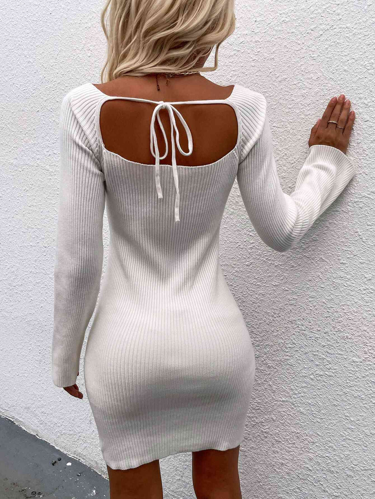 Tie Back Square Neck Long Sleeve Sweater Dress - Ladyez