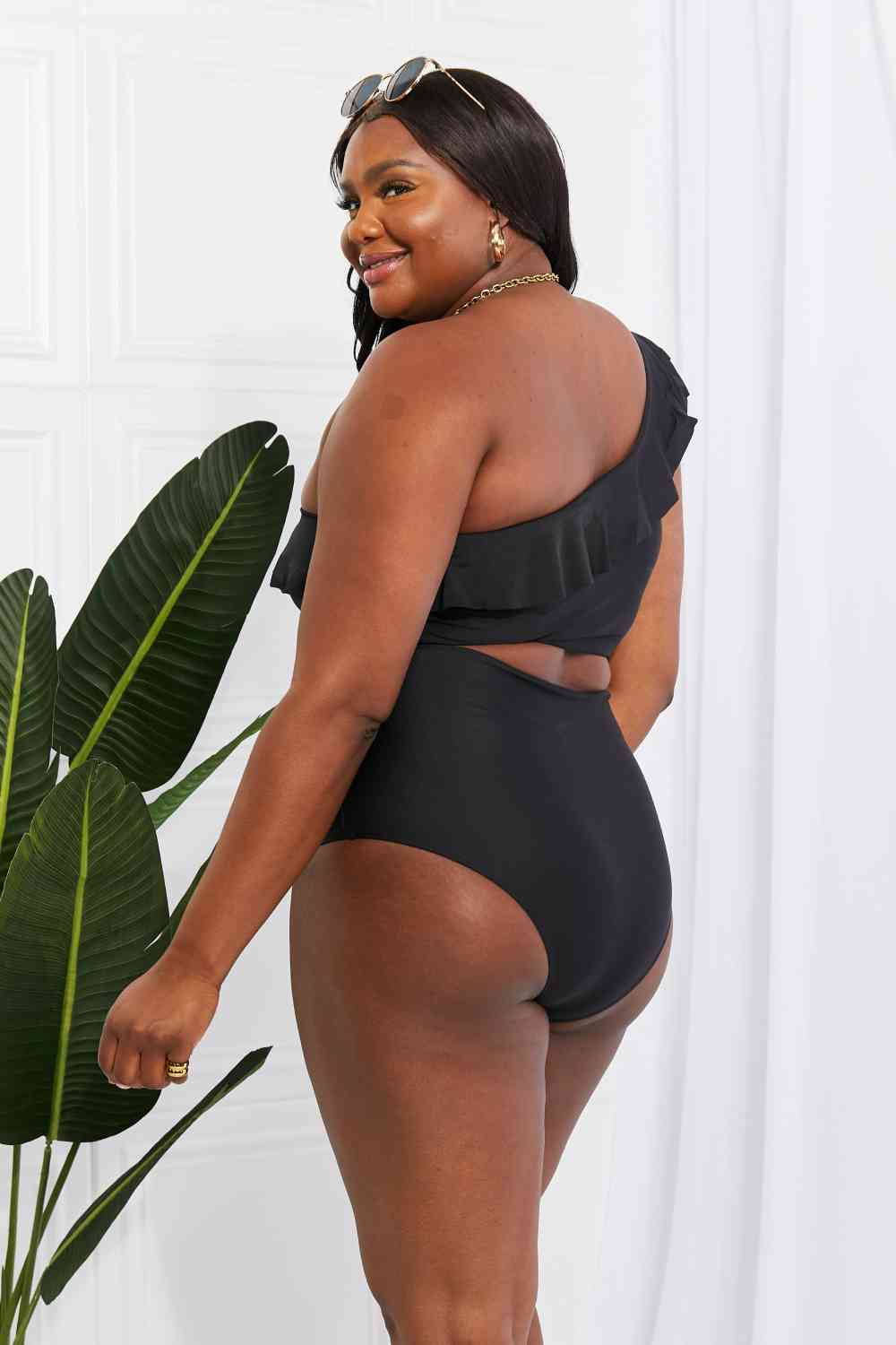 Marina West Swim Seaside Romance Ruffle One-Shoulder Bikini in Black - Ladyez