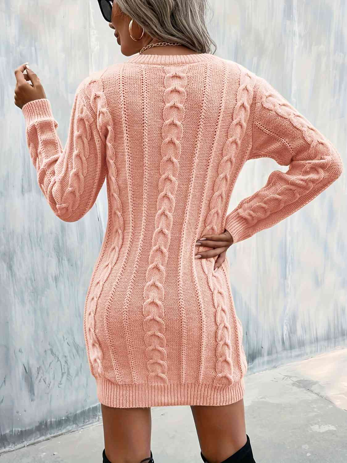 Cable-Knit V-Neck Sweater Dress - Ladyez