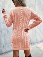 Cable-Knit V-Neck Sweater Dress - Ladyez