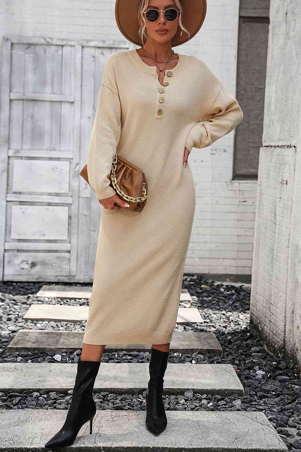 Notched Neck Dropped Shoulder Button-Down Midi Dress - Ladyez