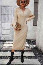 Notched Neck Dropped Shoulder Button-Down Midi Dress - Ladyez