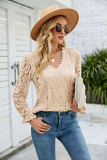 V-Neck Flounce Sleeve Lace Top - Ladyez