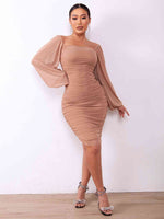 Zip-Back Ruched Bodycon Dress - Ladyez