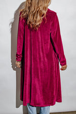 Collared Neck Longline Velvet Cardigan with Pockets - Ladyez