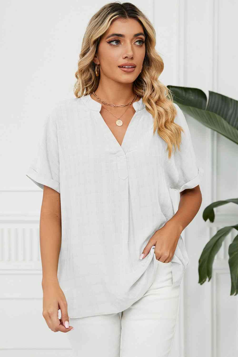 Side Slit Notched Neck Cuffed Short Sleeve Blouse - Ladyez