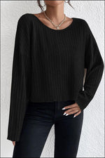 Ribbed Round Neck Drop Shoulder Long Sleeve Top - Ladyez
