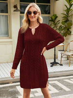 Notched Neck Cable-Knit Slit Sweater Dress - Ladyez