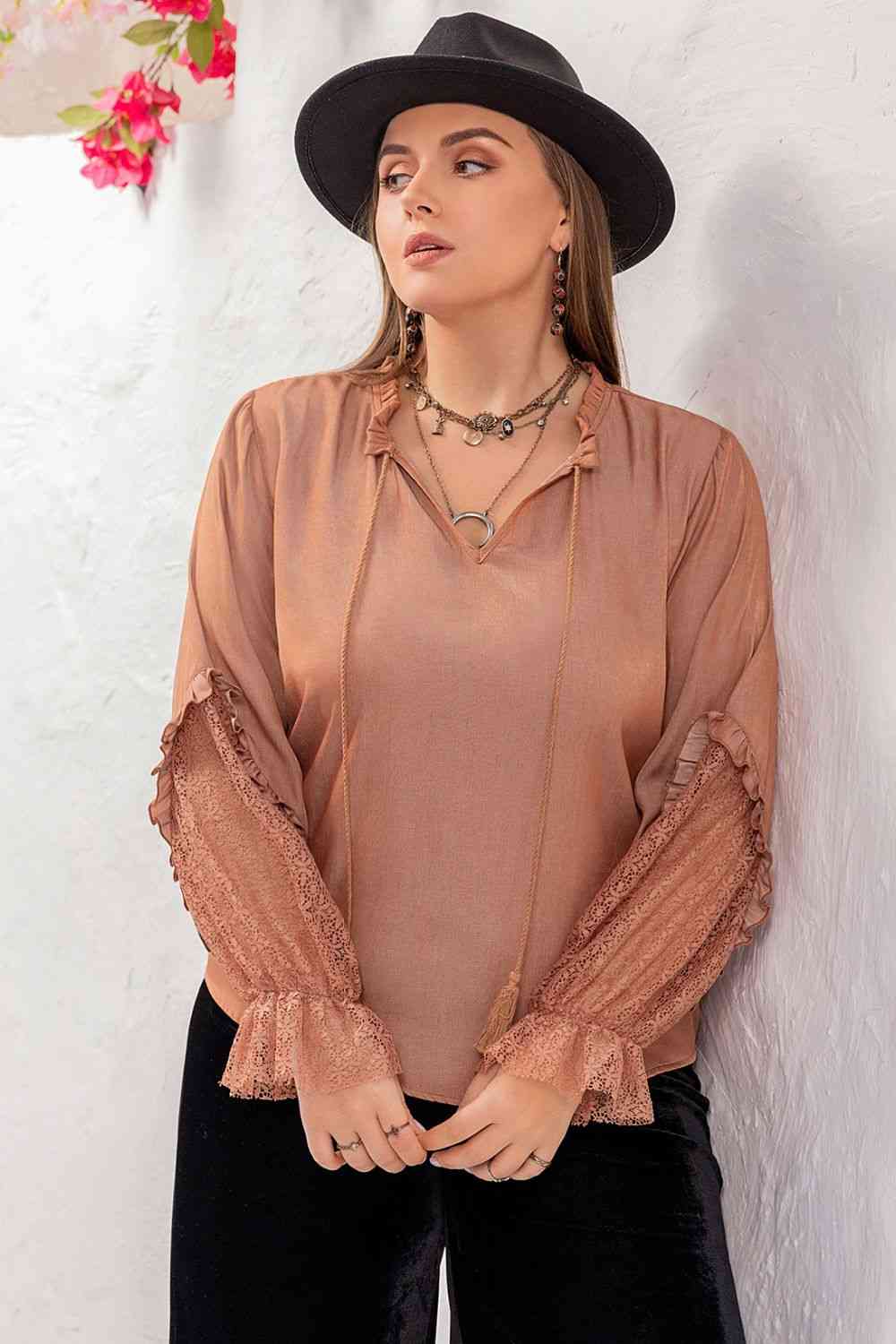 Plus Size Tie Neck Flounce Sleeve Blouse - Ladyez