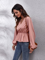 V-Neck Balloon Sleeve Peplum Blouse - Ladyez