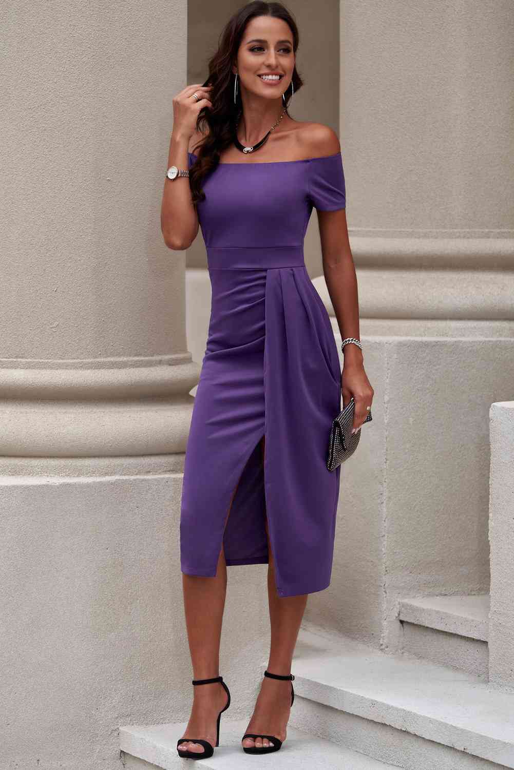 Off-Shoulder Short Sleeve Split Dress - Ladyez