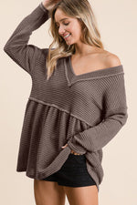 BiBi Waffle Knit V-Neck Babydoll Blouse - Ladyez