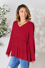 Double Take Half Button Long Sleeve Ruffle Hem Blouse - Ladyez