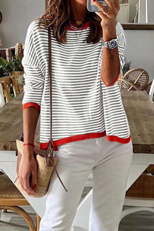 Striped Round Neck Drop Shoulder T-Shirt - Ladyez