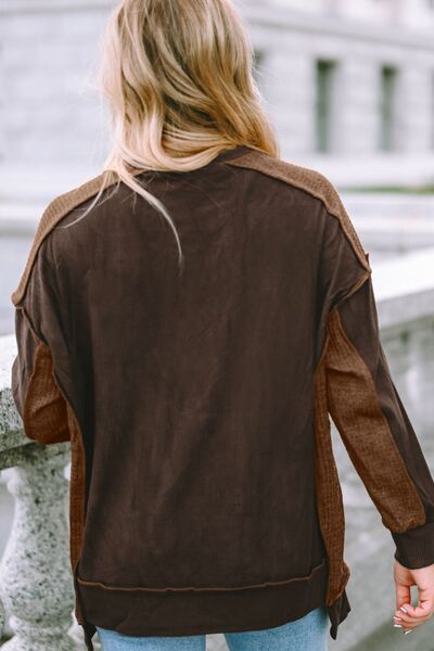 Ribbed Exposed Seam Dropped Shoulder Blouse - Ladyez