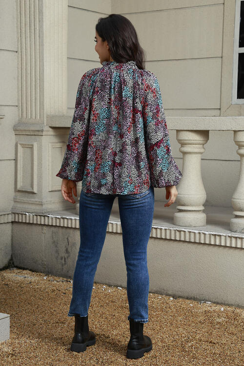 Tie Neck Heathered Balloon Sleeve Blouse - Ladyez