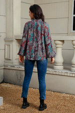 Tie Neck Heathered Balloon Sleeve Blouse - Ladyez