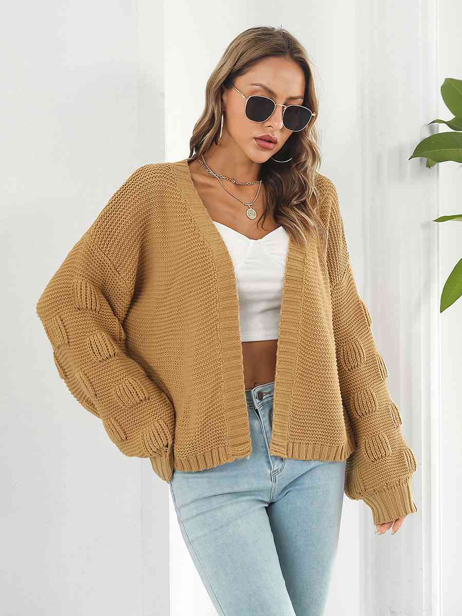 Open Front Ribbed Trim Cardigan - Ladyez