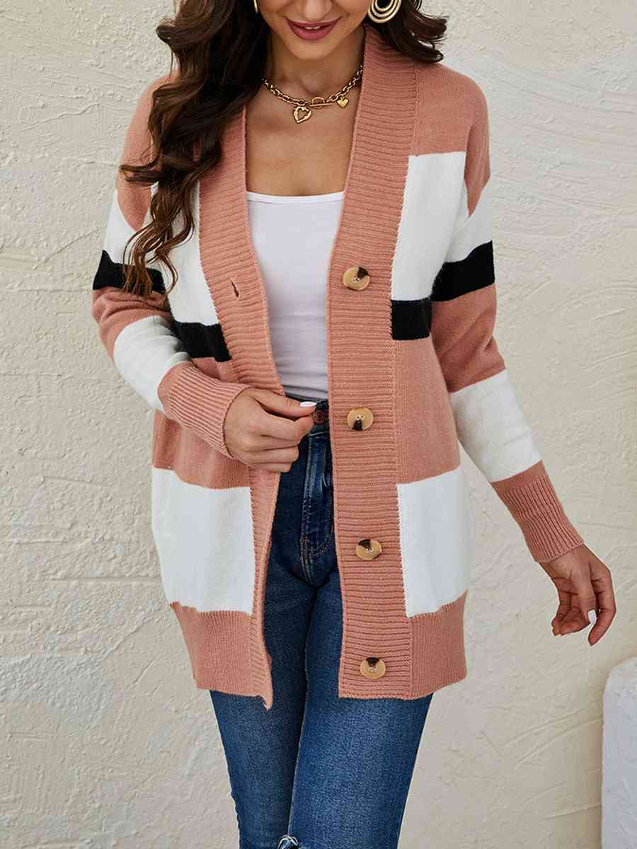 Color Block Button Down Cardigan - Ladyez