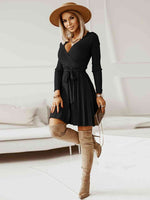 Surplice Neck Tie Front Pleated Sweater Dress - Ladyez