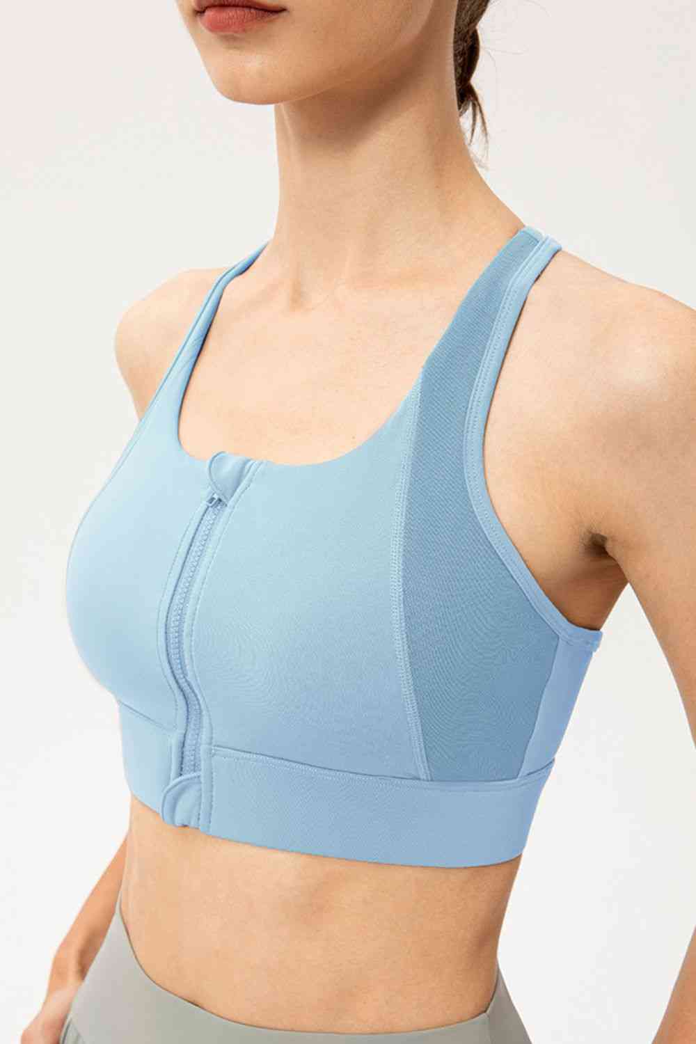 Zip-Up Round Neck Sports Bra - Ladyez