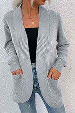Open Front Rib-Knit Cardigan with Pockets - Ladyez