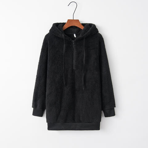 Quarter-Zip Drawstring Teddy Hoodie - Ladyez