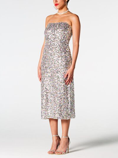Sequin Straight Neck Midi Wrap Dress - Ladyez