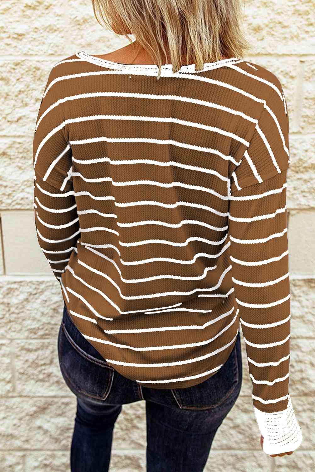 Striped Waffle Knit Henley Long Sleeve Top - Ladyez