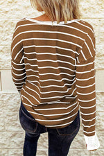 Striped Waffle Knit Henley Long Sleeve Top - Ladyez