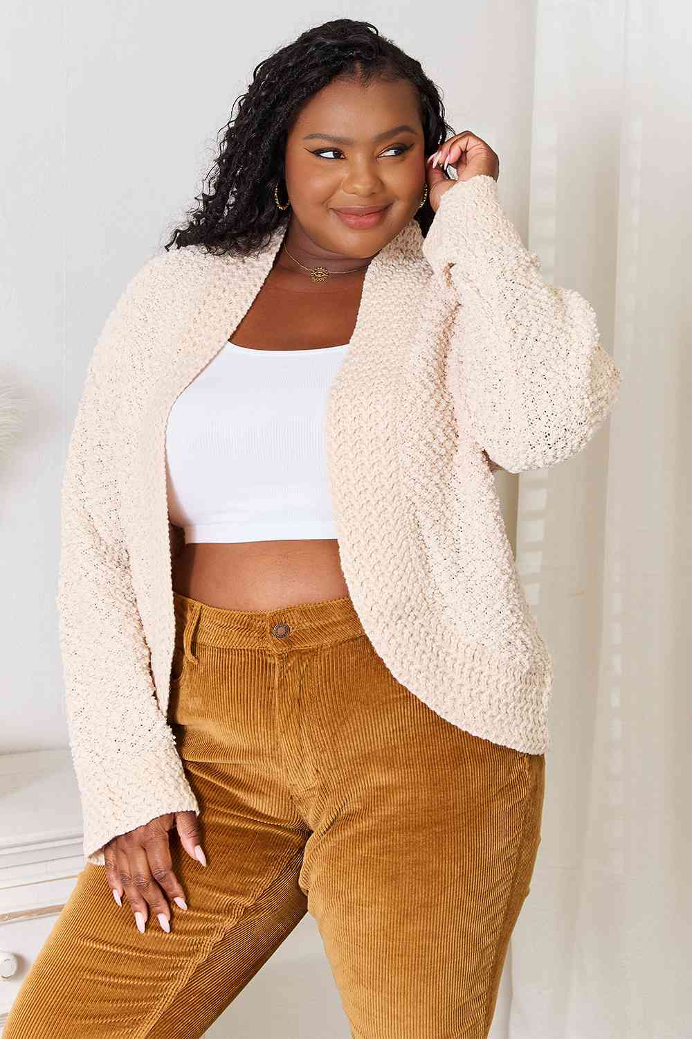 Double Take Open Front Long Sleeve Cardigan - Ladyez
