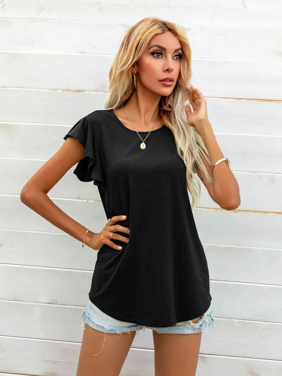 Round Neck Butterfly Sleeve Top - Ladyez
