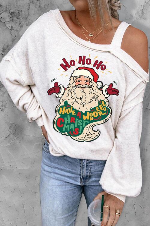 Santa Claus Graphic Asymmetrical Neck Long Sleeve Top - Ladyez