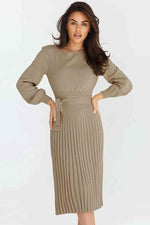 Round Neck Long Sleeve Pleated Sweater Dress - Ladyez