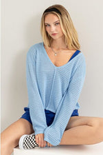 HYFVE V-Neck Stripe Texture Long Sleeve Top - Ladyez
