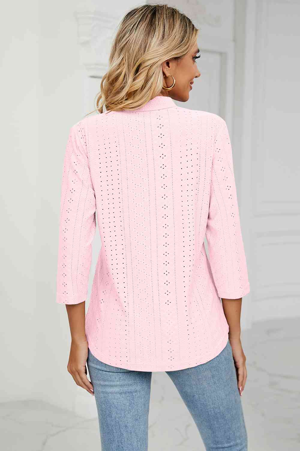 Eyelet Three-Quarter Sleeve Blouse - Ladyez
