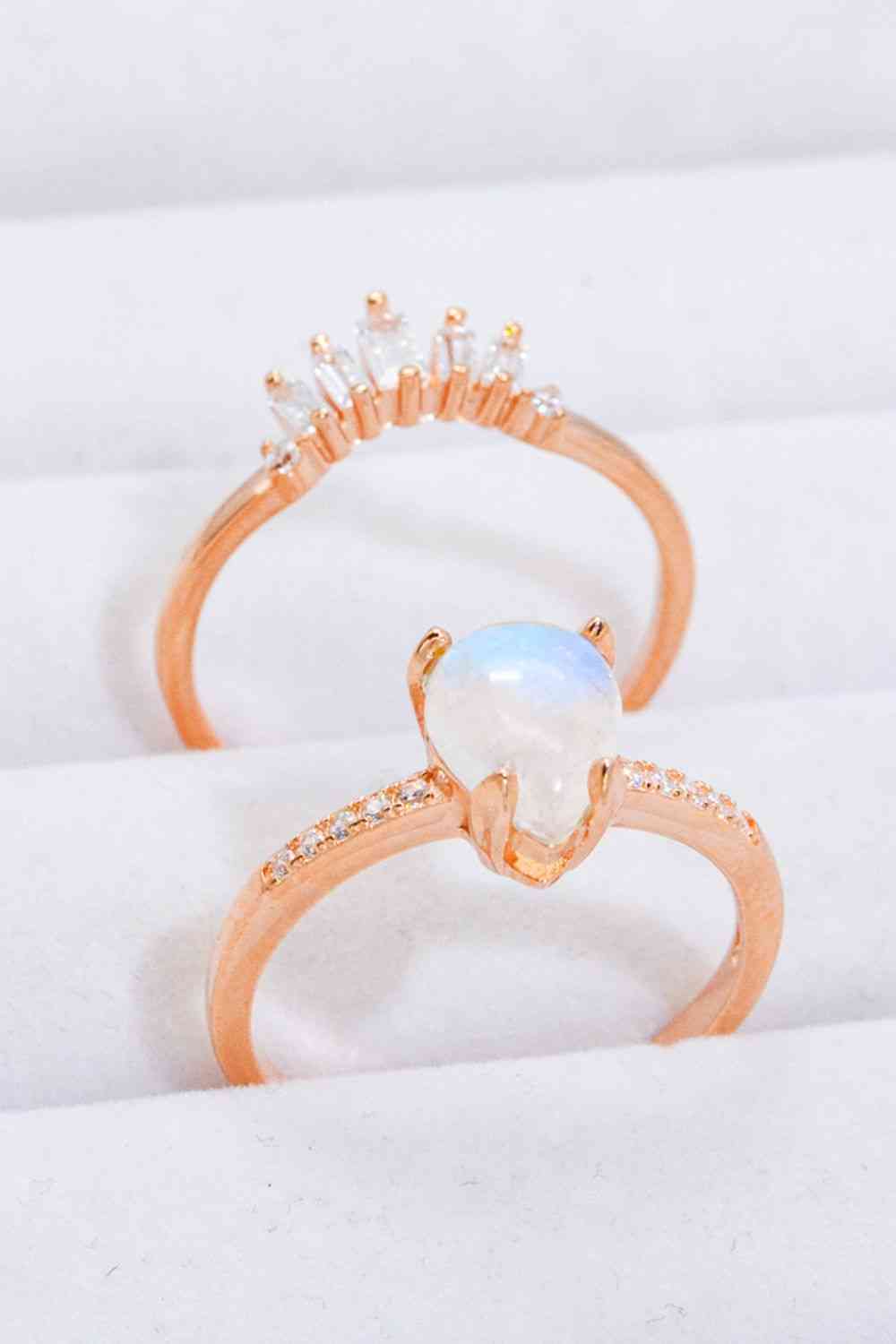 Natural Moonstone and Zircon 18K Rose Gold-Plated Two-Piece Ring Set - Ladyez
