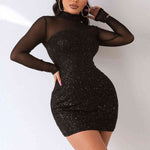 Sequin Mock Neck Mesh Dress - Ladyez
