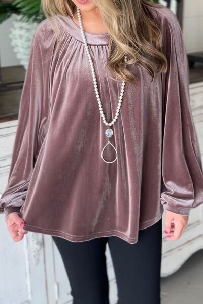 Ruched Round Neck Raglan Sleeve Blouse - Ladyez