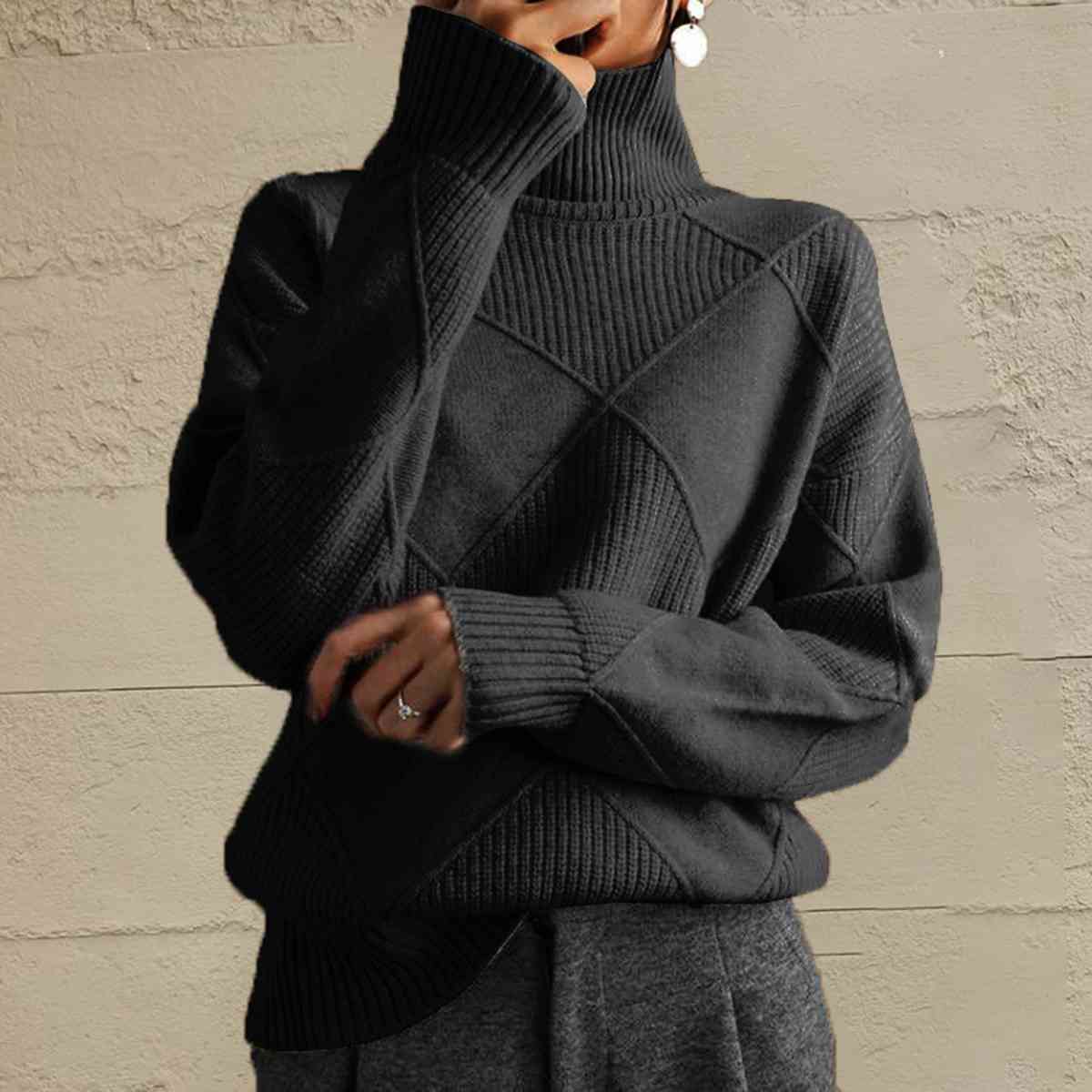 Geometric Turtleneck Long Sleeve Sweater - Ladyez